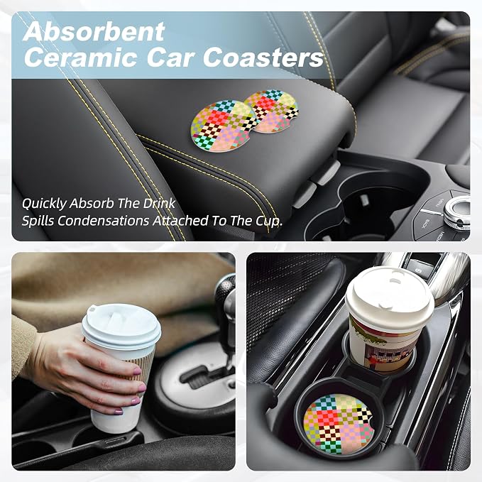 Colorful Checkered Car Coasters for Cup Holders,2 Pack Car Cup Holder Coasters for Car,Ceramic Absorbent Car Coaster with A Finger Notch and Cork Base,Car Interior Accessories for Women Men