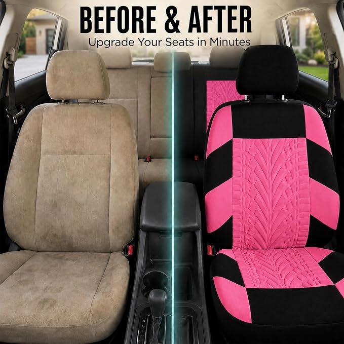 FH Group Full Set Travel Master Car Seat Covers, Airbag and Split Rear Car Seat Cover Universal Fit Interior Accessories for Cars Trucks SUV, Automotive Seat Covers, Pink