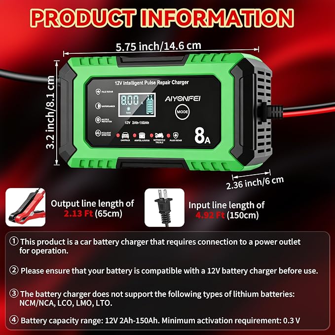 12V Battery Charger 8-Amp Smart Trickle Charger, Green | Battery Maintainer and Desulfator, Temperature Compensation, for Car, Truck, SUV, Motorcycle, Boat, Lead Acid, LiFePO4