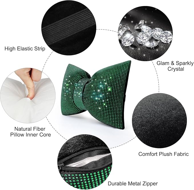 surpassme 2PCS Rhinestone Car Headrest Neck Pillow for Driving with Bling Bling Crystal Bow Pillow Car Accessories for Women (Green)