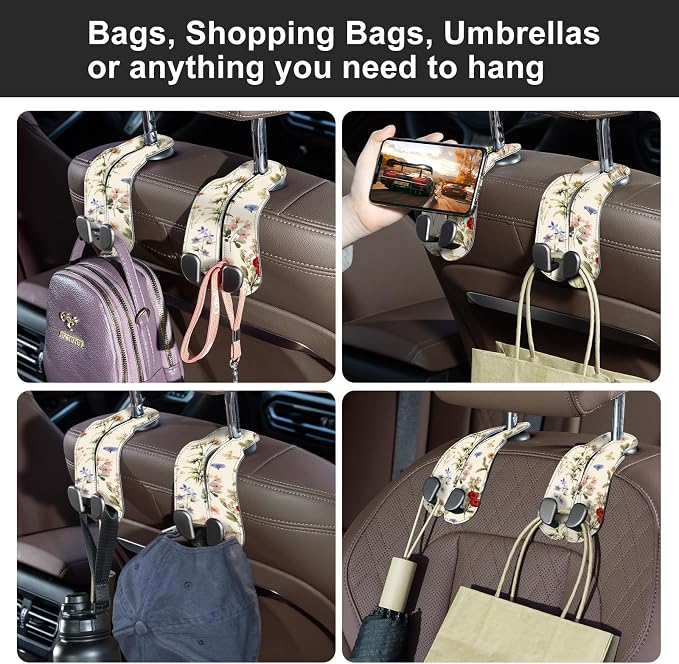 CoBak Purse Hook for Car - Universal Premium Stitched Leather and Aluminum-Magnesium Alloy Double Car Seat Back Storage Hook for Purses, Handbags, Bags (2 Pack),Antique Floralia