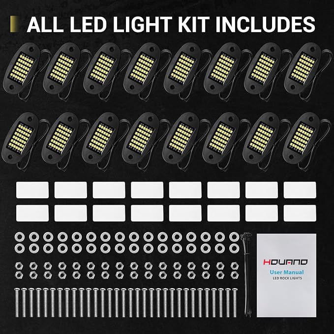 Hovano 16 Pods White Rock Lights 6000K Pure White 36 LEDs SMD Chips Super Bright Neon Underglow Light IP68 Waterproof for Pickup Trucks SUV UTV ATV RZR Car Boats (White)