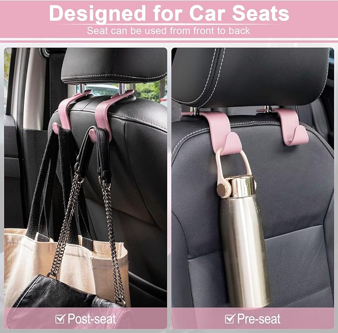 LivTee Car Seat Headrest Hook, Auto Seat Hook Hangers Storage Organizer Interior Accessories for Purse Coats Umbrellas Grocery Bags Handbag, 4-Pack - Pink