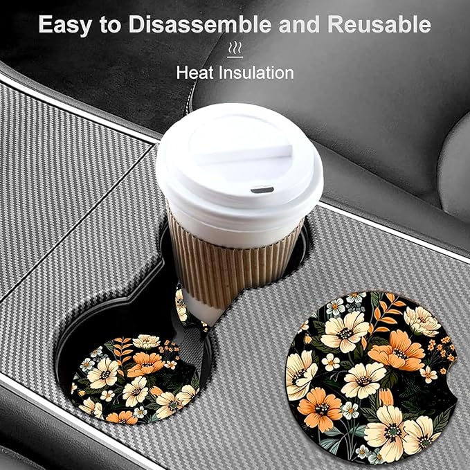 2 Pack Flowers Car Cup Holder Coasters Universal Neoprene Coasters | 2.75" Universal Size Anti Slip Rubber Mat, Auto Cup Holder Decor Accessories for SUV Truck, Flower Gifts for Women Men Mom