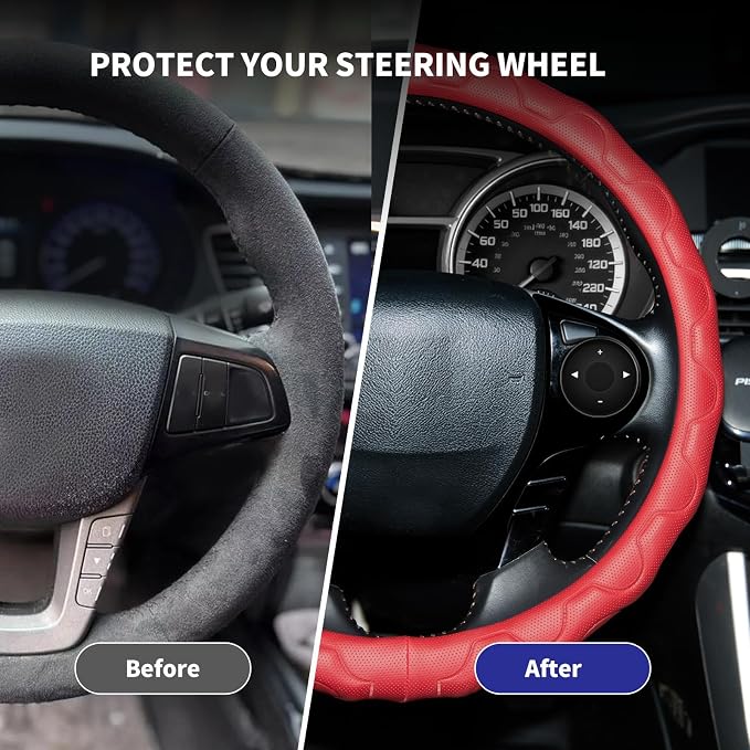 Steering Wheel Cover with Anti-Slip Leather Grip Compatible with Ford, Toyota, Honda, Nissan, and Chevrolet Vehicles for 14.5-15.35 inch Round Steering Wheels Universal Car Accessories