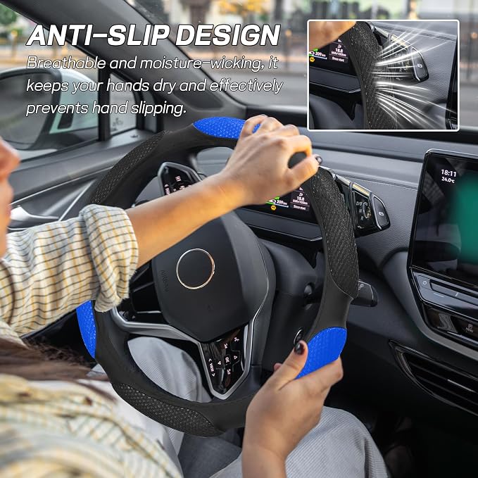 Wuyaoyao Car Steering Wheel Cover, 15 Inch PU Leather Anti-Slip Steering Wheel Covers Protector with Soft Hand Pad Cushion, Breathable & Comfortable, Universal Interior Car Accessories (Black+Blue)