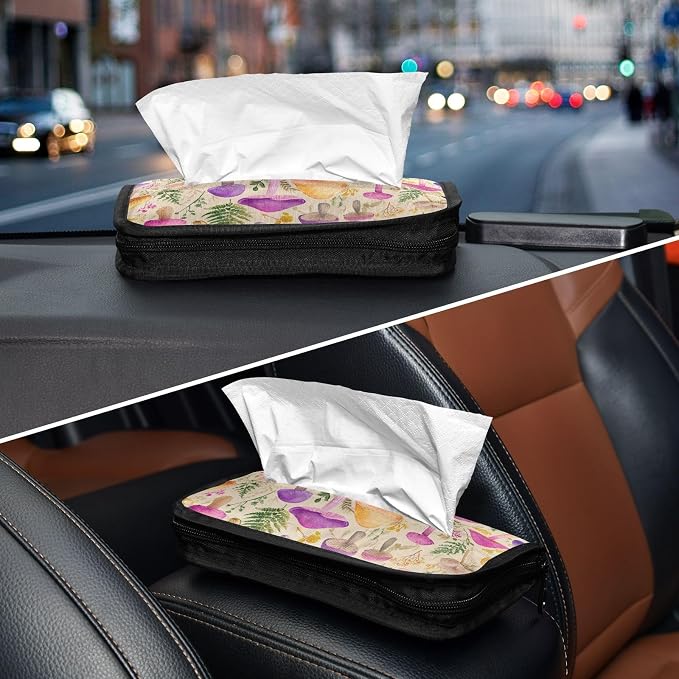 Car Tissue Holder Car Napkin Holder Car Tissue Box Dispenser Storage Case Sun Visor Mask Holder with Adjustable Straps Reusable Refillable Mushroom Colorful Pattern