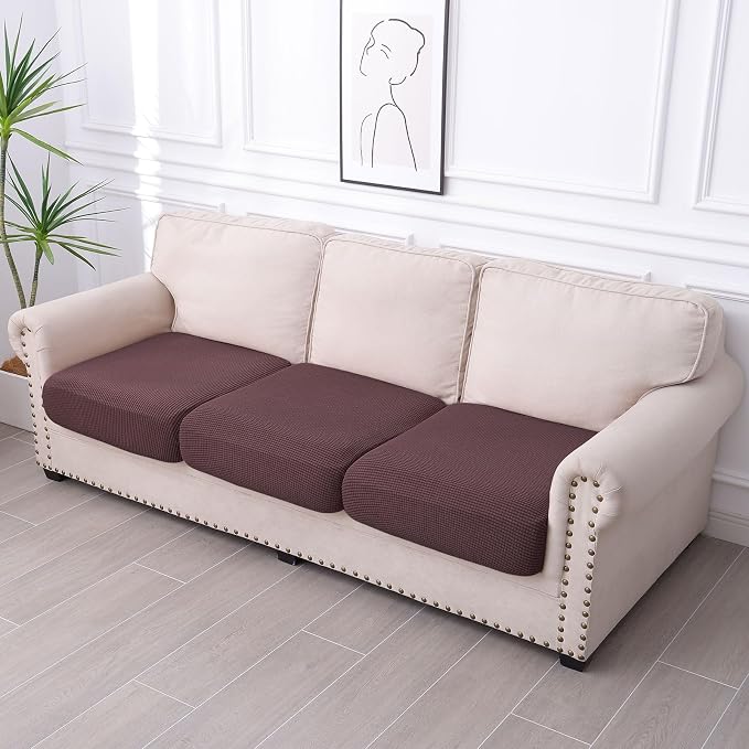hyha Waterproof Couch Cushion Covers for Pets, Non Slip Sofa Seat Cover for Dogs Washable, Soft Thick Stretch Jacquard Fabric, Sofa Slipcovers with Elastic Bottom (3 Pieces, Chocolate)
