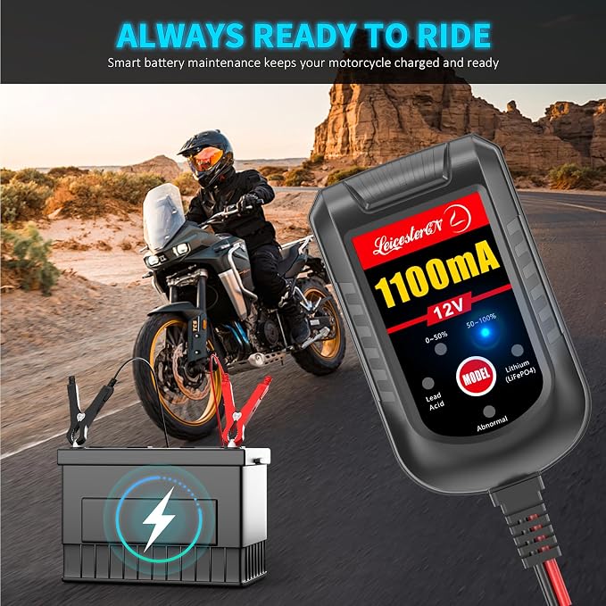 2 Pack Motorcycle Battery Charger 12V, 1.1Amp Trickle Charger and Maintainer - Smart Automatic Float Charger for Cruiser Sport Bike ATV Scooter Dirt Bike Lawn Mower, LiFePO4 Lead Acid AGM Gel