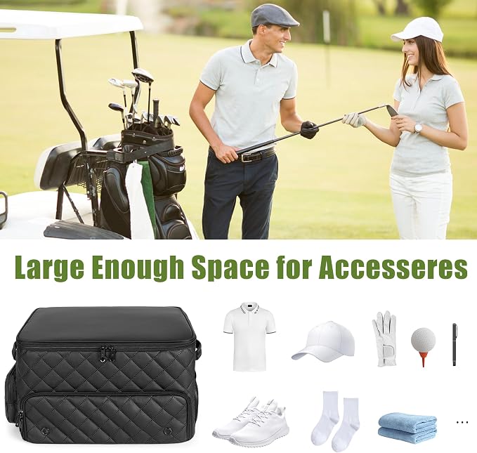 PGmoon 2 Layer Golf Trunk Organizer, Golf Car Storage Organizer,Black | Individual Ventilated Compartment for 2 Pairs Shoes, Golf Car Locker for Balls, Clothes, Tees, Gloves, Accessories (Black)