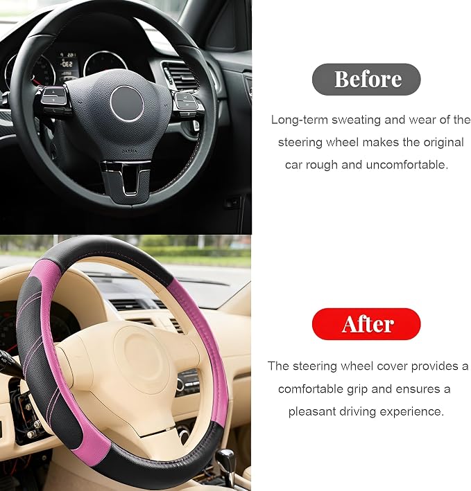 Car Steering Wheel Cover, 14.5-15" Non-Slip Soft Leather Breathable Sporty Steering Wheel Protector, Comfortable Automotive Interior Protection Accessories, Universal for Vehicles (Pink)