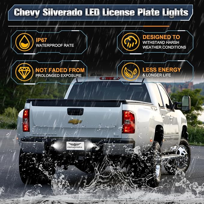 POPMOTORZ LED License Plate Lights Tag Lamps For Chevy Silverado GMC Sierra 1500 2500 3500 Suburban Tahoe Avalanche Traverse Yukon XL Cadillac Escalade LED Tag Lights Chrome Housing 2 PCS