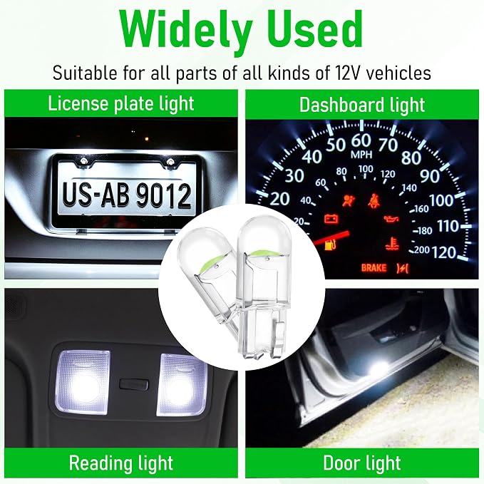 ecocstm 30 PCS Car 194 LED Bulbs, 168 2825 W5W T10 Wedge COB LED Replacement Bulb, Error Free Interior Bulb for Dashboard Light, Dome Lights (Green)