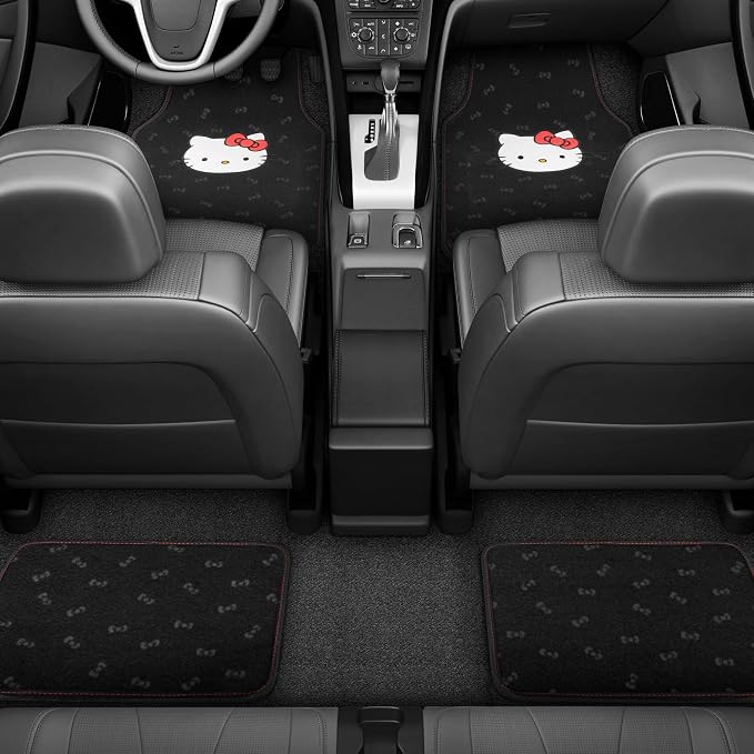 Hello Kitty Carpet Car Floor Mats - Universal Fit for Cars, SUVs & Trucks - Black with Red Bow & Hello Kitty Print - Front & Rear Set, 4 Piece Car Accessories
