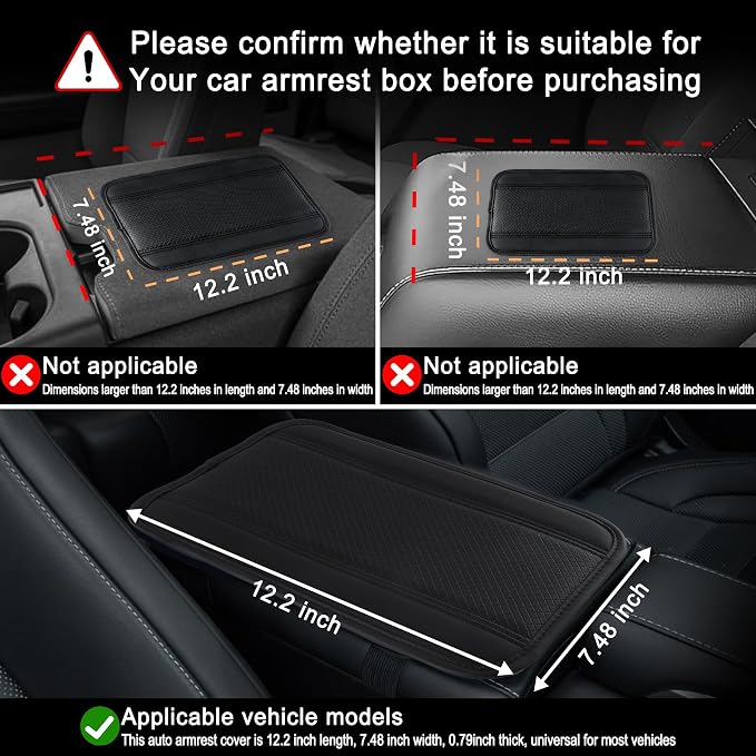 Amiss Car Center Console Cover, Upgraded Leather Car Armrest Cushion, Universal Waterproof Cushion Pad, Non-Slip Car Interior Accessories, Fits Most Sedans SUVs Trucks (Black Line)