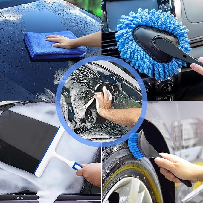 Car Wash Kit with Foam Gun, Bucket and Cleaning Tool, Car Washing Kit | Includes Wash Mitt Tire Brush Sponge Towels Brush Car Cleaning Kit for Interior and Exterior Cleaning, Home or Travel Use