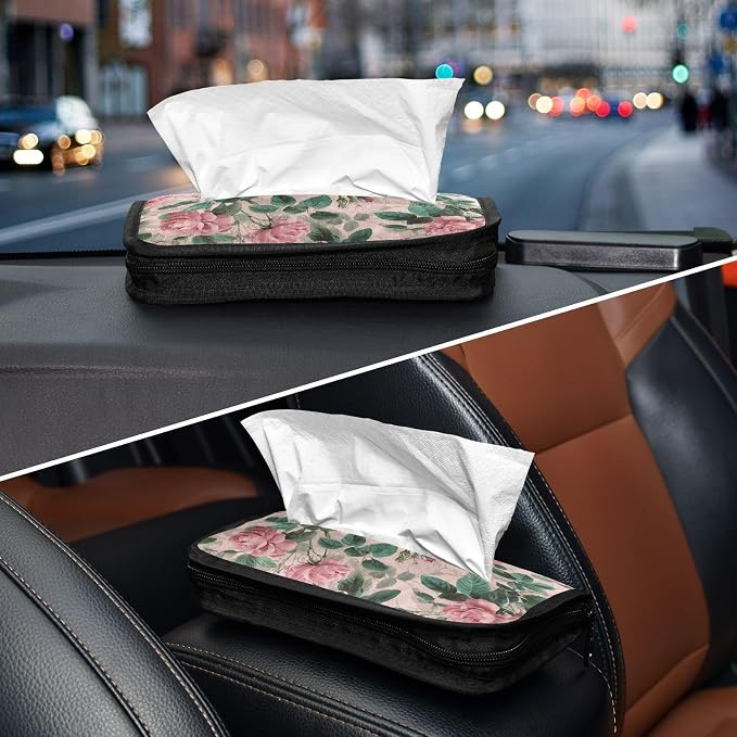 Car Visor Tissue Holder Mask Holder for Car, Car Tissue Box Sun Visor Napkin Holder Car Visor Accessories Adjustable Straps Reusable Durable Easy to Install Pink Vintage Roses with Leaves