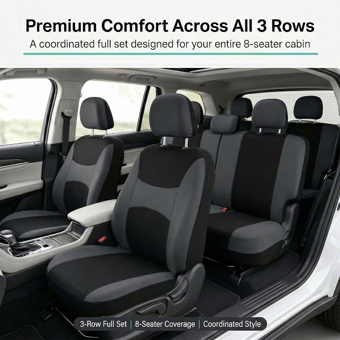FH Group Universal Automotive Seat Covers 8 Seater Set | Light & Breezy Flat Cloth Washable Car Seat Cover for SUV, Sedan, Truck | Airbag Compatible Interior Upgrade - Black