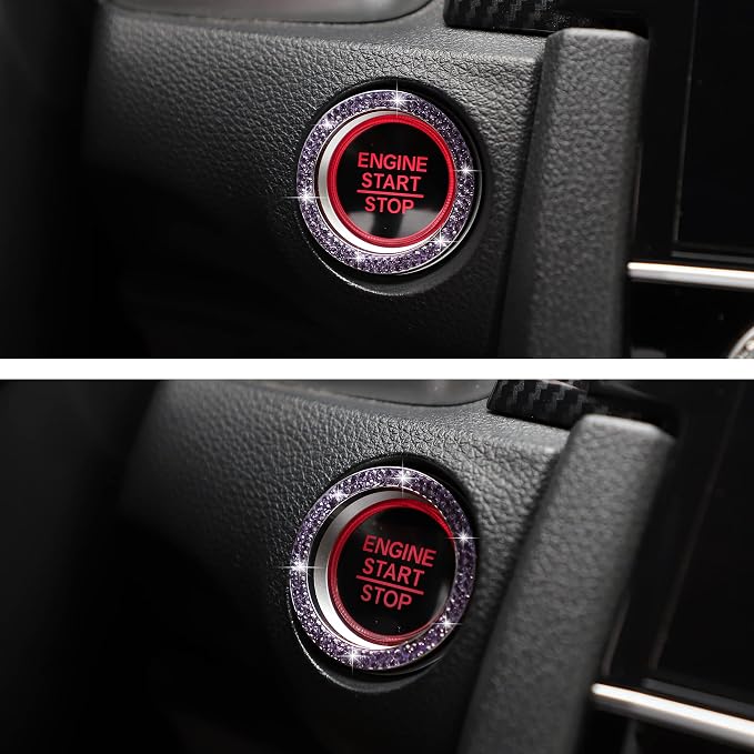 WINKA 2pcs Bling Car Engine Start Button Cover Diamond Crystal Push Start Stop Button Ring Sparkly Bling Ignition Button Cover Rhinestone Keyless Ignition Ring Universal Car Accessories (Light Purple)