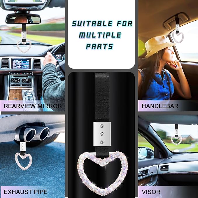 Fabbay Bling Car Accessories Bling Heart Handle Ring Car Accessory for Women Hearts Hand Strap Drift Charm Rear Bumper Warning Ring Decor for Auto Interior Exterior Decoration(Colorful,Heart Style)