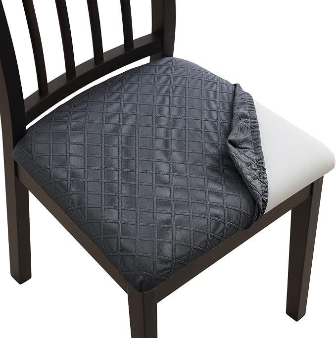 Fuloon Waterproof Seat Cushion Covers 4 PCS, Stretch Jacquard Chair Seat Covers Washable Dining Room Seat Slipcovers Removable Kitchen Chair Protector (4, Waterproof-Dark Grey)