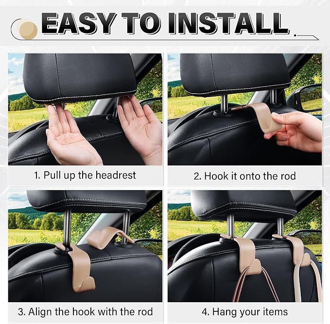 SINGARO 4 Pack Car Seat Headrest Hooks, Vehicle Back Seat Hanger Storage Organizer for Purse Handbag Backpack Coat Grocery, 360° Rotating Heavy Duty Holds 44lbs, Beige