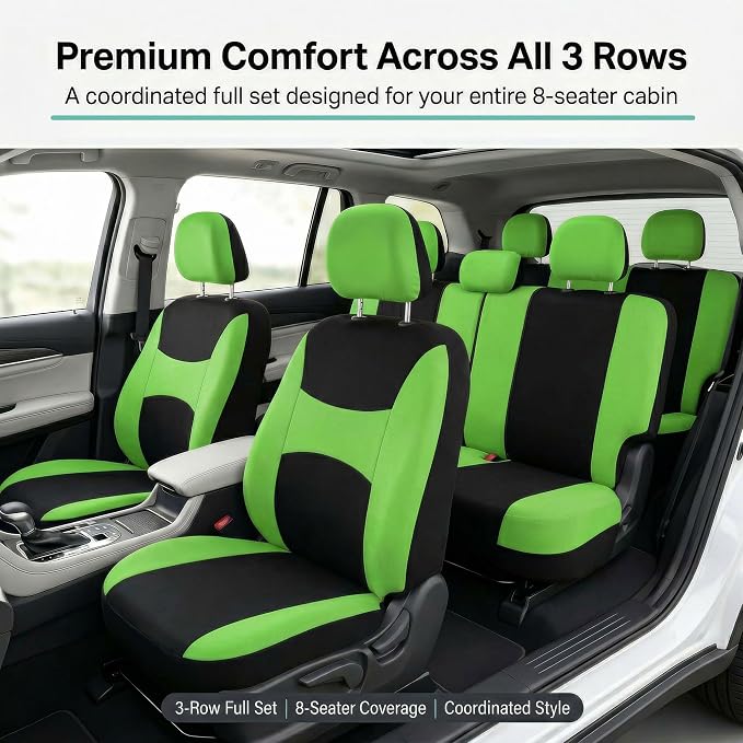 FH Group Universal Automotive Seat Covers 8 Seater Set | Light & Breezy Flat Cloth Washable Car Seat Cover for SUV, Sedan, Truck | Airbag Compatible Interior Upgrade - Green/Black