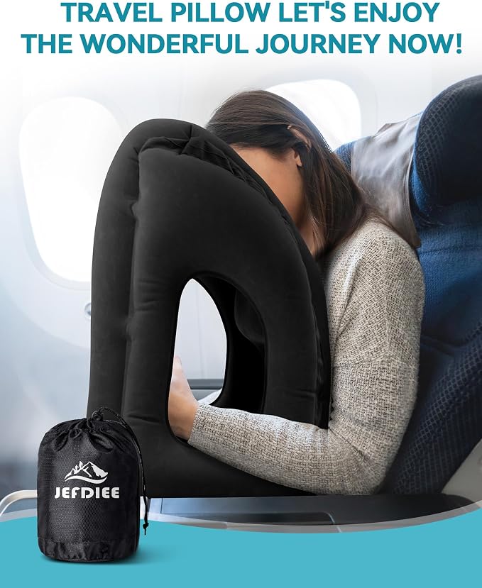 Inflatable Travel Pillow, Airplane Neck Pillow Comfortably Supports Head and Chin for Airplanes, Trains, Cars Office Napping on The Tray Table (Black)
