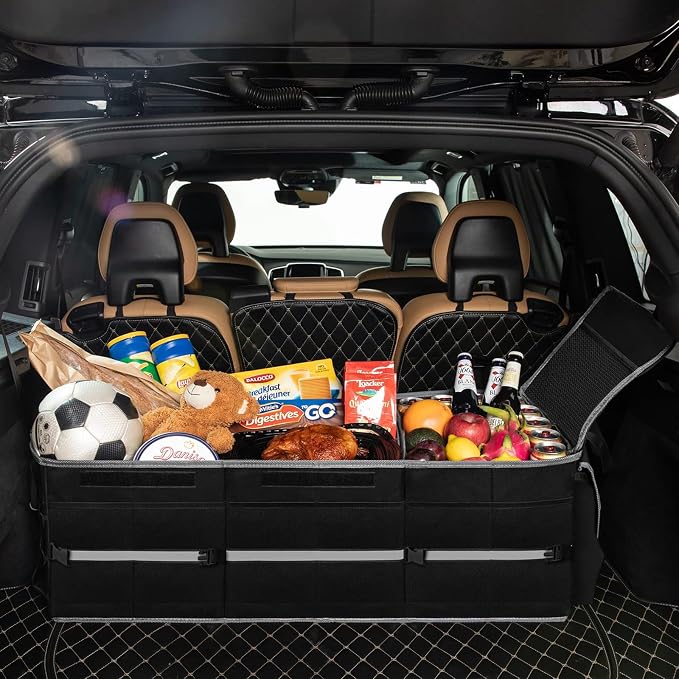 Collapsible Trunk Organizer for Car with Insulated Leak proof Cooler Bag, 3 Compartments SUV Cargo Organizer Removable Dividers, 5 in1 Car Storage Organizer with Foldable Lid,2 Tie-Down Straps(Black)