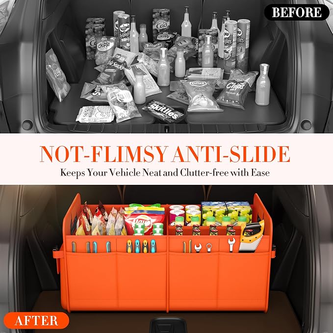 titiyiof Trunk Organizer For Suv & Sedan,Car Organizers and Storage, Waterproof Collapsible & Adjustable Straps,70L Sturdy Car Organization for Car Accessories, Tools,Sundries,2-3Compartment(Orange