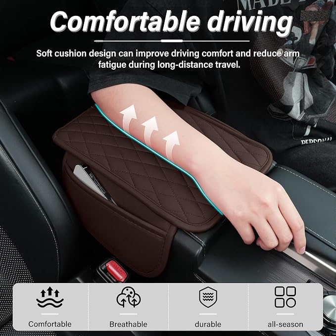Amiss Car Center Console, Upgraded Leather Car Armrest Cushion with 2 Storage Pockets, Universal Waterproof Cushion Pad, Non-Slip Car Interior Accessories, Fits Most Sedans SUVs Trucks (Brown)