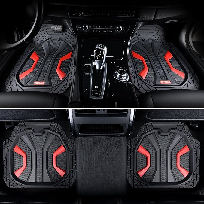 Coverado Car Floor Mats for Cars, Deep Dish All Weather Floor Mats, Car Floor Mats All Weather with Anti-Slip Backing, Car Mats Universal Trim to Fit Car Mat for Cars SUV Truck Vans (4 Pcs, Black&Red)