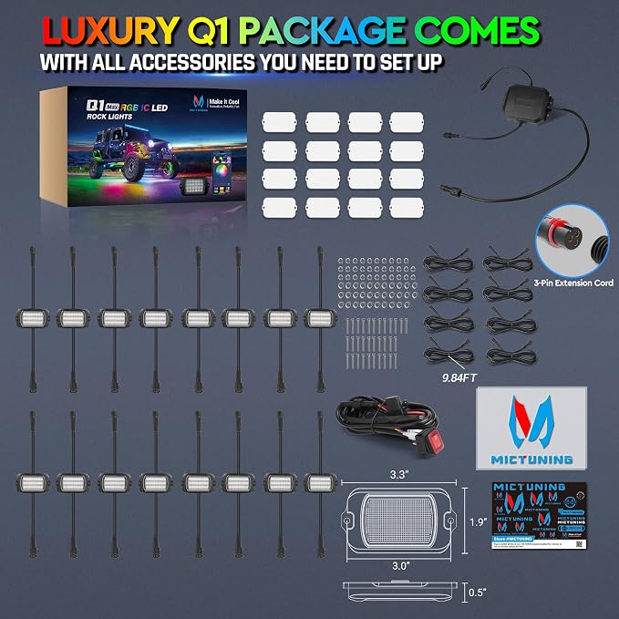 MICTUNING Q1 MAX RGB+IC Chasing Color Ultra-Bright Rock Lights 12 Pods Kits | 1000% Brighter 24 Light Chips Per Pod, Switch Wiring Kit, Aluminum Housing, IP68 Waterproof, Series/Parallel, Up to 24 Pods