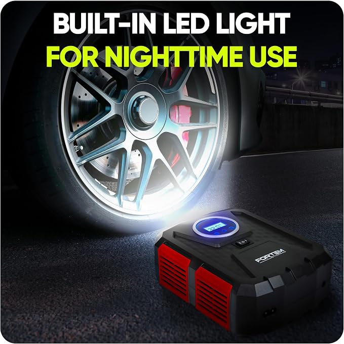 FORTEM Tire Inflator Portable Air Compressor, Air Pump for Car Tires and Bikes, Car Tire Pump w/Auto Shut Off, 150 PSI, 110V AC 12V DC, LED Light, Carrying Case, Perfect for Men, Women