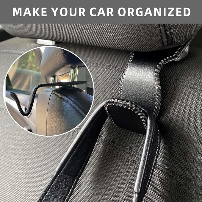 Headrest Hooks for Car, 2 Pack Back Seat Purse Hook Leather Hanger Holder Hook for Hanging Purses and Bags and Coats Black