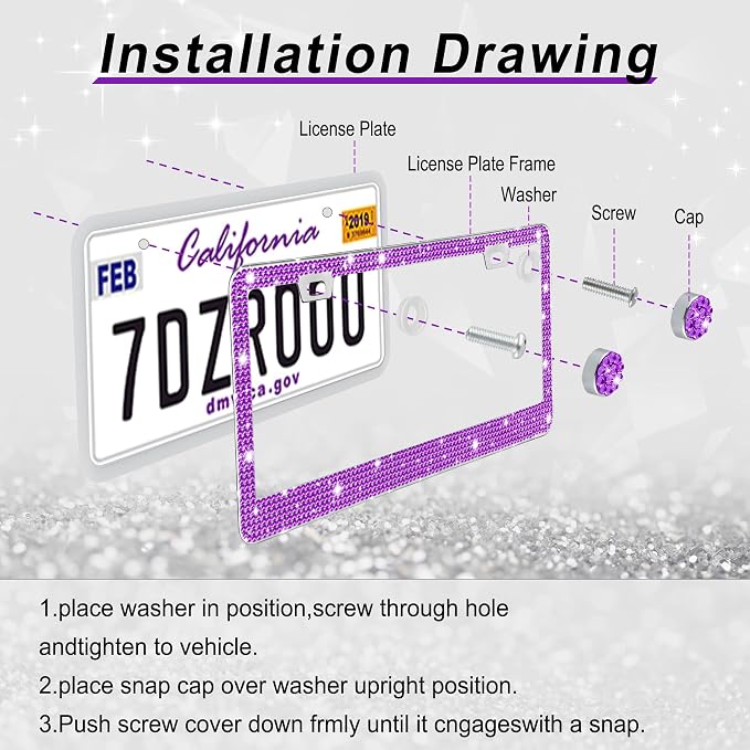 GaRhomxy Bling License Plate Frames for Women, 2 Pack Handcrafted Sparkly Rhinestone Car Accessories, Premium Stainless Steel Frame with 1000+ Faceted Glass Crystals & Free Glitter Caps (Purple)