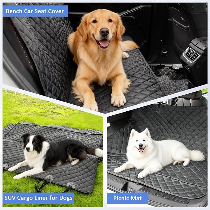 JSTHT Dog Car Seat Cover for Back Seat Pet Cover, Black 52"x48" | Waterproof Car Bench Seat Cover Protector, Nonslip Scratchproof Durable Soft Seat Cover for Car, Truck, & SUV, Universal Size