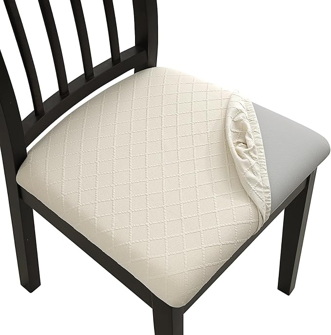 Fuloon Waterproof Seat Cushion Covers 4 PCS, Stretch Jacquard Chair Seat Covers Washable Dining Room Chair Slipcovers Removable Kitchen Cushion Protector (4, Waterproof-Beige)