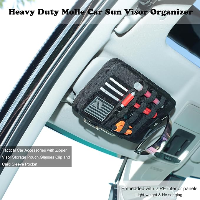 Heavy Duty Molle Car Sun Visor Organizer - Tactical Car Accessories with Zipper Visor Storage Pouch,Glasses Clip and Card Sleeve Pocket, Multi-Pocket Visor Organizer Storage Pouch for Cars SUVs Trucks