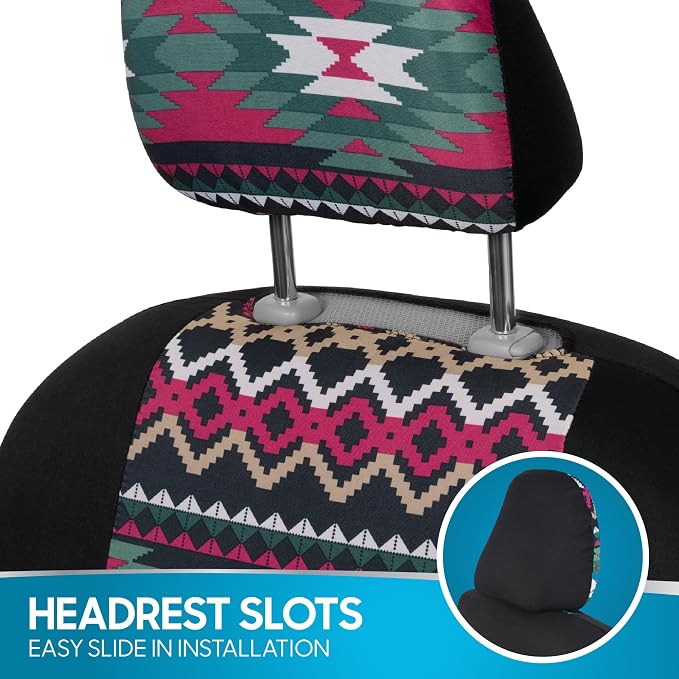 BDK Pink Inca Car Seat Covers for Front Seats, 2 Pack– Geometric Print Front Seat Cover Set with Matching Headrest, Sideless Design for Easy Installation, Universal Fit for Car Truck Van and SUV