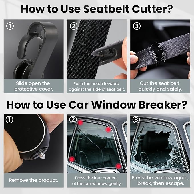 Wayona 2PCS Car Safety Emergency Tool, 2-in-1 Window Breaker & Seatbelt Cutter with Visor Clip, Automotive Escape & Rescue Glass Breaker Tools (Black)