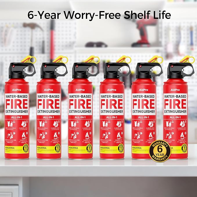 Fire Extinguisher 6-Pack,Certified Home & Travel Fire Safety Kit,for Kitchen/Car/Home/Travel,A/B/C/K Fire Protection,Prevents Reignition,Includes Quick-Mount Bracket.