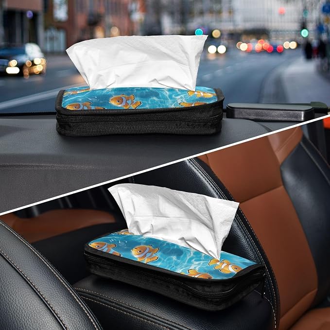 Car Visor Tissue Holder Mask Holder for Car, Car Tissue Box Sun Visor Napkin Holder Car Visor Accessories Adjustable Straps Reusable Durable Easy to Install Blue Water and Yellow Clownfishes