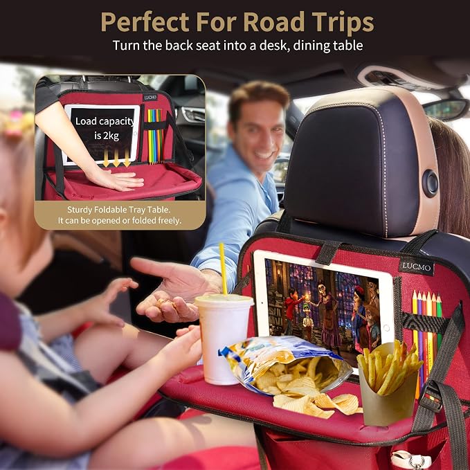 LUCMO Car Backseat Organizer with Foldable Tablet Holder,Red | 6 Storage Pockets,Foldable Food Tray,Protectors Kick Mats,Travel Accessories,Seat Cover,Road Trip Essentials