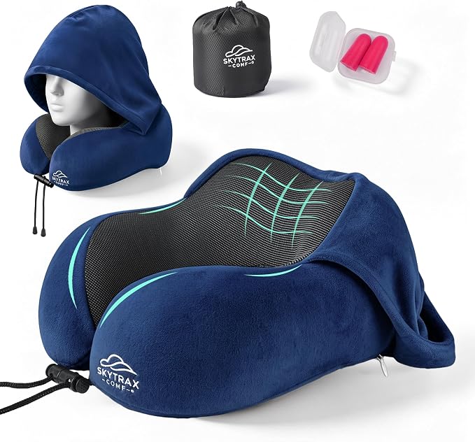 SkytraxComf® Travel Neck Pillow with Hood for Privacy on Long Flights | Memory Foam | Airplane Sleep | Safety-Tested Materials | Extra Large Hood | Chin Support | Earplugs | Washable Cover
