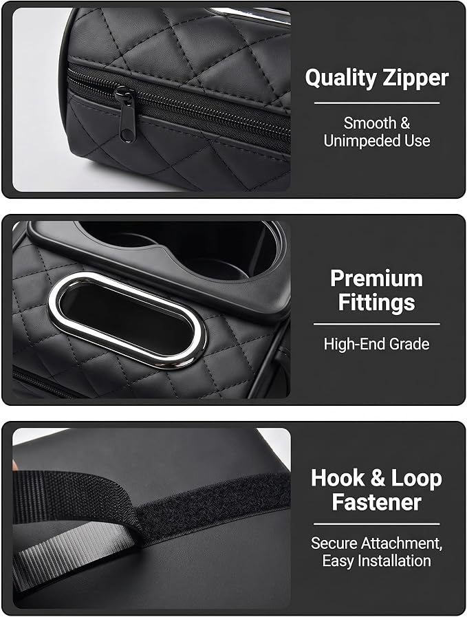 5-in-1 Car Center Console Cover Armrest Cushion with Cup Holder | 14.17x7.7x2.5" memory foam armrest cushion with tissue box & side storage pocket PVC leather protects console from pet claws