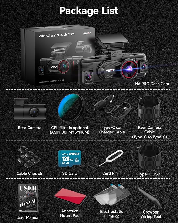 IIWEY N6 PRO STARVIS 2 4K 4-Channel Dash Cam, 360° All-Around View (4K+1080Px3), Front Rear and Dual Inside Car Camera, 5GHz WiFi, GPS, 8-IR Lamps Night Vision, Free 128GB Card, 24/7 Parking Mode