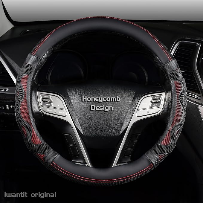 Iwantit® Steering Wheel Cover with 3D Honeycomb Anti-Slip Design and Breathable Fabrics, Universal 14.5-15 Inch (Red/Black)
