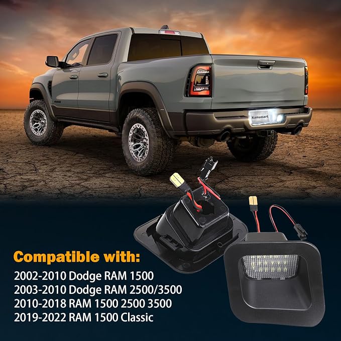 KanSmart LED License Plate Light for Dodge Ram 1500 2500 3500 2003-2018 | OE 55078095AA, 6000K white, smoke lens, rear bumper tag lamp assembly, decode CANbus, plug & play, pickup truck accessories