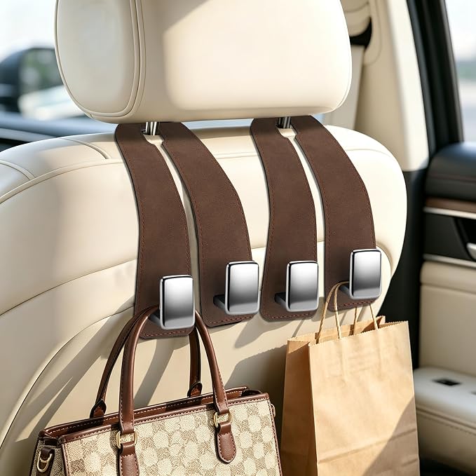 Amooca Car Headrest Hooks, Premium Suede with Metal Car Seat Back Storage Hooks for Handbag Coats Umbrella Backpack - 4 Pack, Brown
